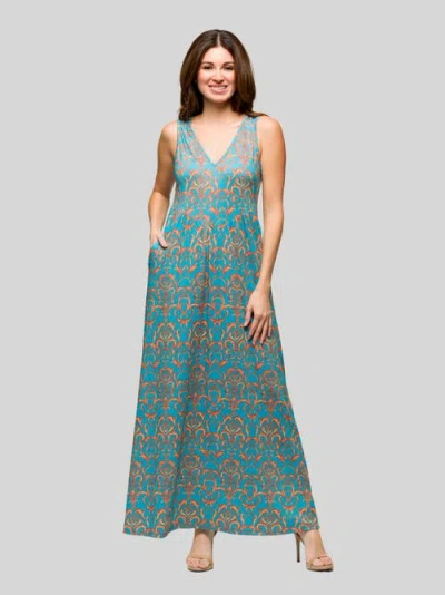 24seven Comfort Apparel Sky Blue Sleeveless V-neck Maxi Dress With Pockets In Blue