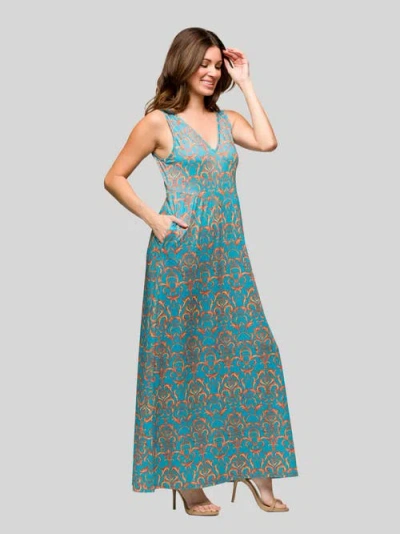 24seven Comfort Apparel Sky Blue Sleeveless V-neck Maxi Dress With Pockets In Blue
