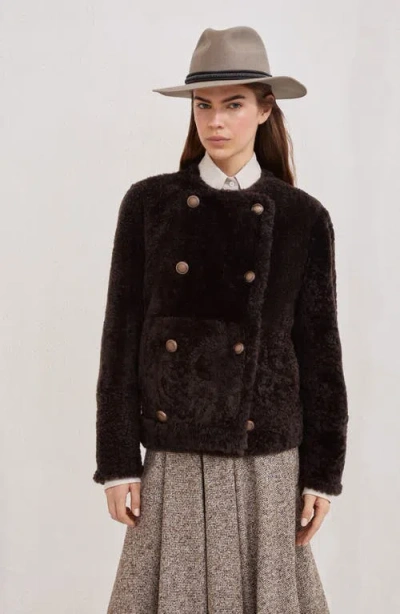 Brunello Cucinelli Fuzzy Shearling Cropped Pea Coat In Brown