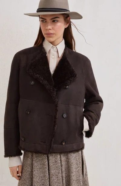 Brunello Cucinelli Fuzzy Shearling Cropped Pea Coat In Brown