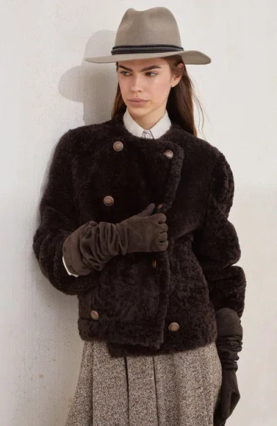 Brunello Cucinelli Fuzzy Shearling Cropped Pea Coat In Brown