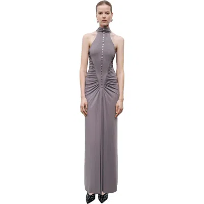 Nocturne Halter Neck Maxi Dress With Drape Details In Gray