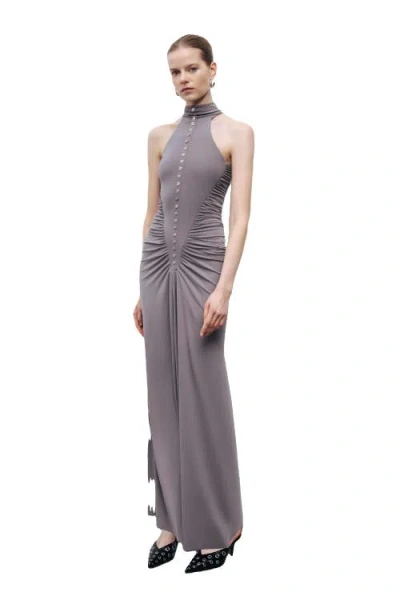 Nocturne Halter Neck Maxi Dress With Drape Details In Gray