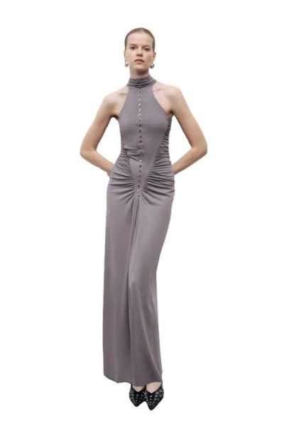 Nocturne Halter Neck Maxi Dress With Drape Details In Gray