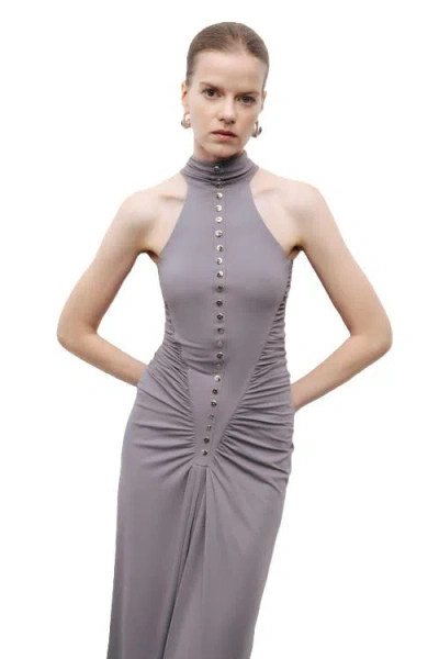 Nocturne Halter Neck Maxi Dress With Drape Details In Gray
