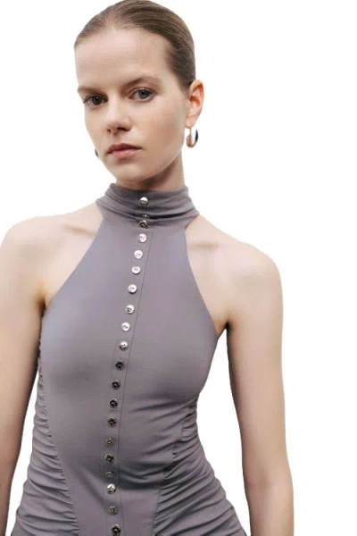Nocturne Halter Neck Maxi Dress With Drape Details In Gray