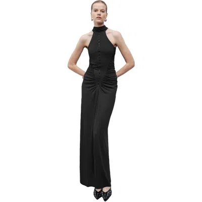 Nocturne Halter Neck Maxi Dress With Drape Details In Black