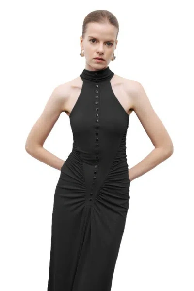Nocturne Halter Neck Maxi Dress With Drape Details In Black