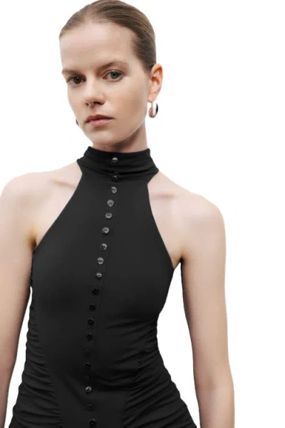 Nocturne Halter Neck Maxi Dress With Drape Details In Black