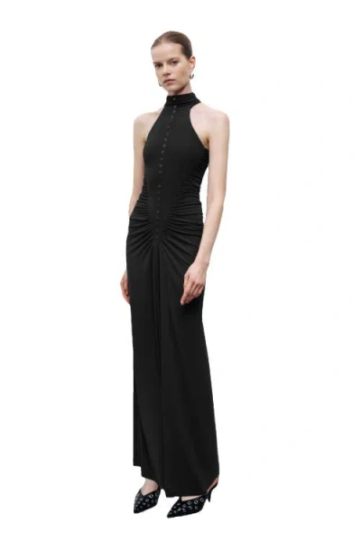 Nocturne Halter Neck Maxi Dress With Drape Details In Black