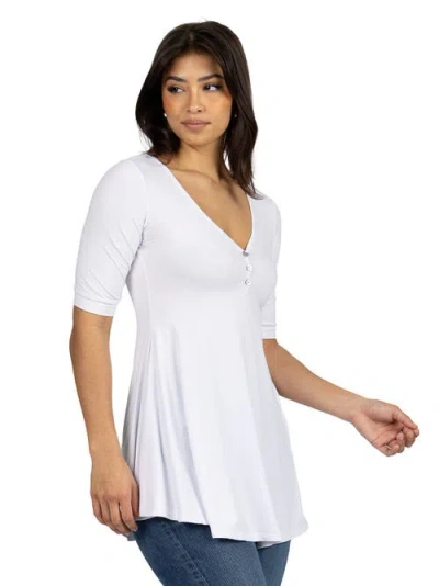 24seven Comfort Apparel Short Sleeve Tunic Top With Button Detail In White