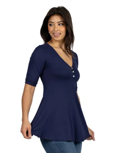 24seven Comfort Apparel Maternity Elbow Sleeve Tunic Top With Button Detail In Blue