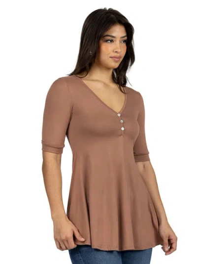 24seven Comfort Apparel Short Sleeve Tunic Top With Button Detail In Brown