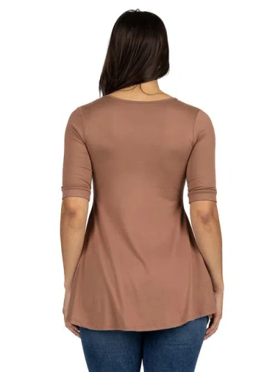 24seven Comfort Apparel Short Sleeve Tunic Top With Button Detail In Brown