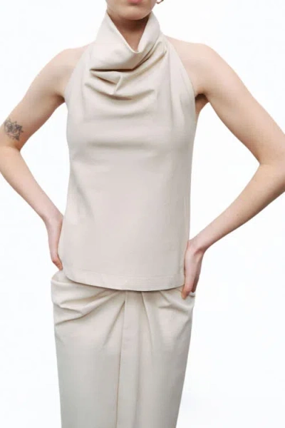 Nocturne Draped Neckline Open Back Detailed Blouse In Neutral