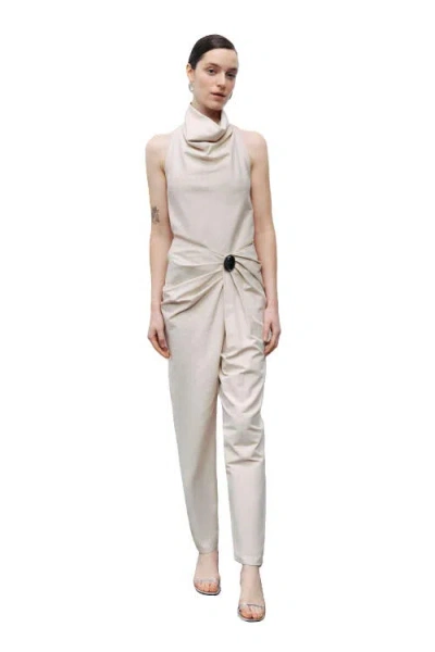 Nocturne Draped Neckline Open Back Detailed Blouse In Neutral