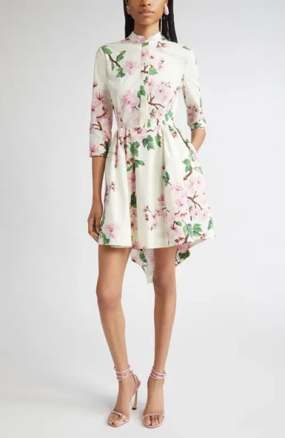 Oscar De La Renta Long Sleeve Asymmetrical Hem Cherry Blossom Poplin Dress