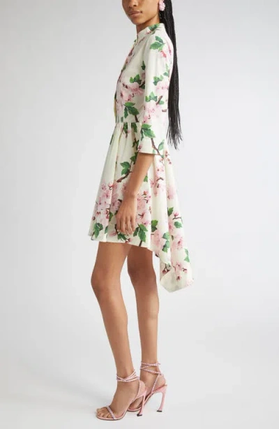 Oscar De La Renta Long Sleeve Asymmetrical Hem Cherry Blossom Poplin Dress