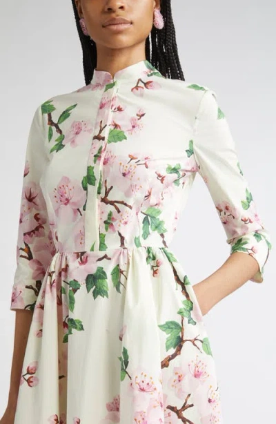 Oscar De La Renta Long Sleeve Asymmetrical Hem Cherry Blossom Poplin Dress
