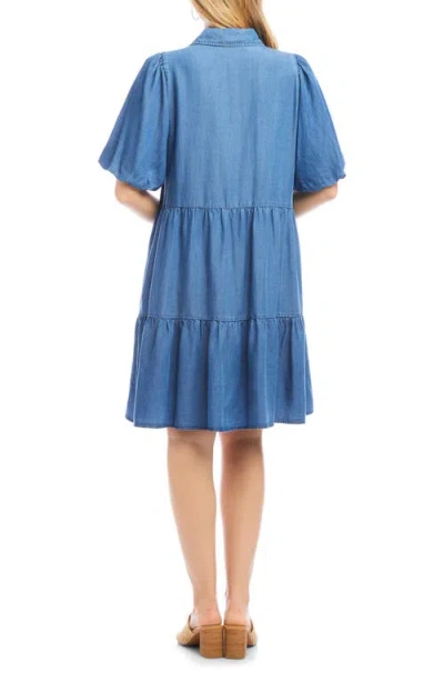 Karen Kane Tiered Puff Sleeve Chambray Shirtdress In Blue