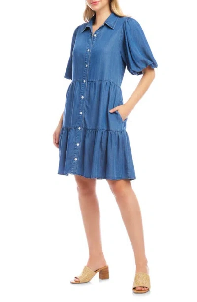 Karen Kane Tiered Puff Sleeve Chambray Shirtdress In Blue