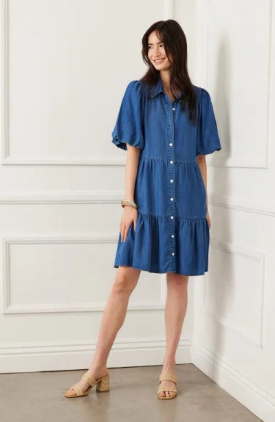 Karen Kane Tiered Puff Sleeve Chambray Shirtdress In Blue