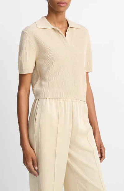 Vince Ribbed Short Sleeve Polo Sweater In White