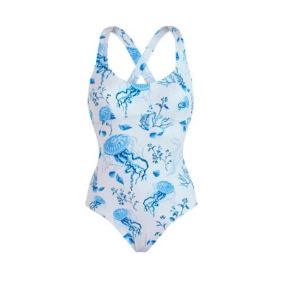 Vilebrequin Crossed Back Straps One-piece Swimsuit Medusa And Shells In Blue