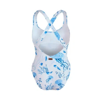 Vilebrequin Crossed Back Straps One-piece Swimsuit Medusa And Shells In Blue