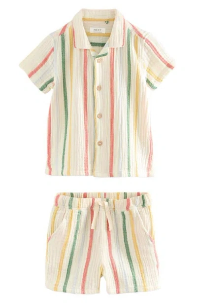 Next Kids' Stripe Cotton Seersucker Camp Shirt & Drawstring Shorts Set In Neutral
