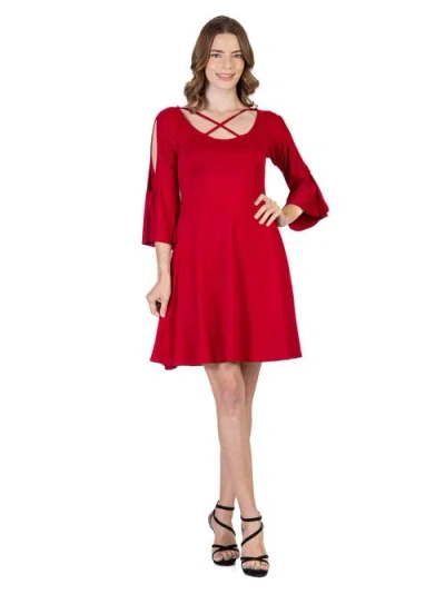 24seven Comfort Apparel Maternity Knee Length Cold Shoulder Dress In Red