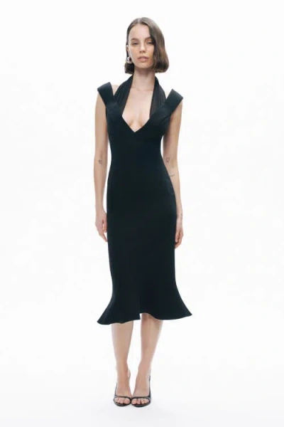 Nocturne Chiffon Detailed Midi Dress In Black