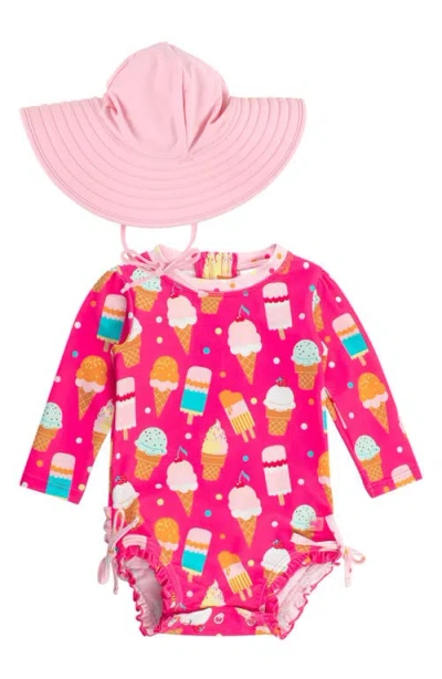 Rufflebutts Sweet Scoops Long Sleeve One-piece Rashguard & Hat Set In Pink