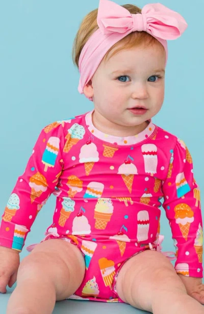 Rufflebutts Sweet Scoops Long Sleeve One-piece Rashguard & Hat Set In Pink