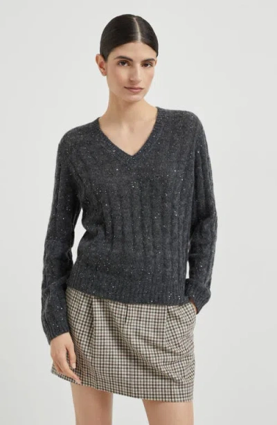 Brunello Cucinelli V-neck Cable Pullover Sequin Embellishments In Gray