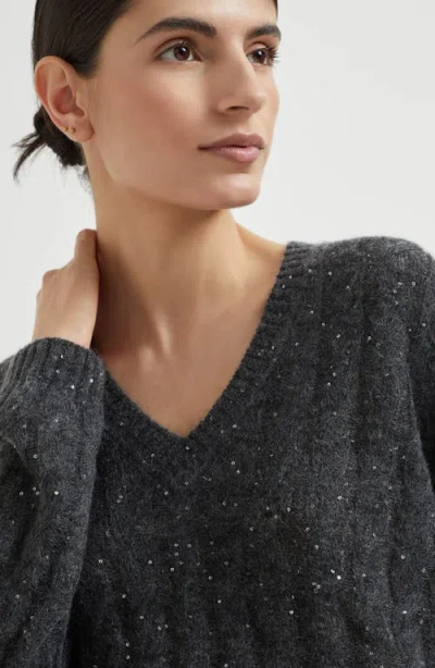 Brunello Cucinelli V-neck Cable Pullover Sequin Embellishments In Gray