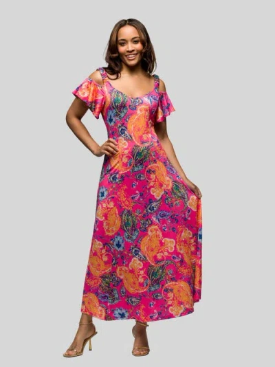 24seven Comfort Apparel Maternity Pink Paisley Cold Sholder Ruffle Sleeve A-line Maxi Dress