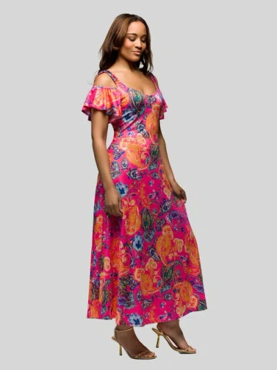 24seven Comfort Apparel Maternity Pink Paisley Cold Sholder Ruffle Sleeve A-line Maxi Dress