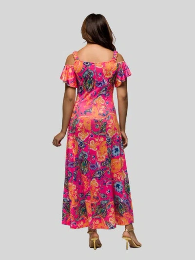 24seven Comfort Apparel Maternity Pink Paisley Cold Sholder Ruffle Sleeve A-line Maxi Dress