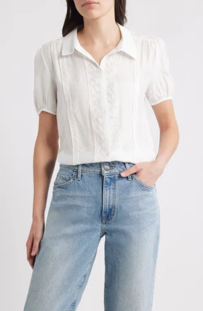 Bobeau Eyelet Detail Short Sleeve Button-up Shirt In White