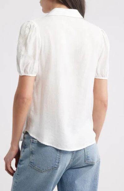Bobeau Eyelet Detail Short Sleeve Button-up Shirt In White