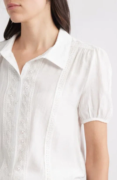 Bobeau Eyelet Detail Short Sleeve Button-up Shirt In White