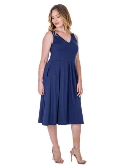 24seven Comfort Apparel Maternity Fit And Flare Sleeveless Midi Dress With Pockets In Blue