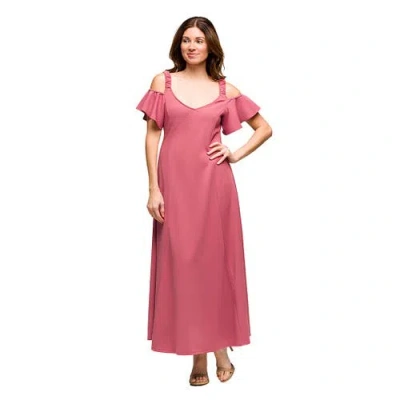 24seven Comfort Apparel Maternity Cold Sholder Ruffle Sleeve A-line Maxi Dress In Pink