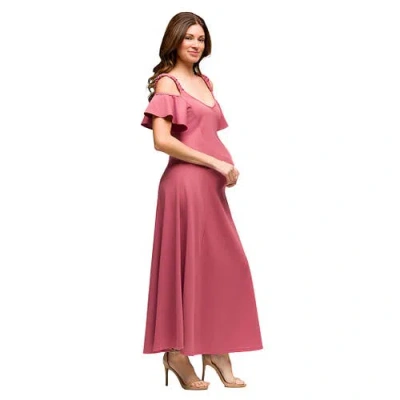 24seven Comfort Apparel Maternity Cold Sholder Ruffle Sleeve A-line Maxi Dress In Pink