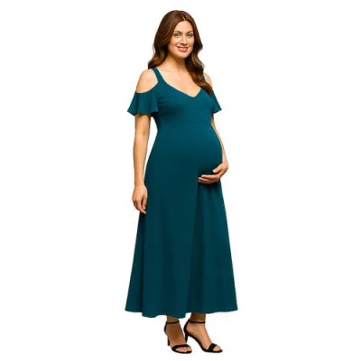 24seven Comfort Apparel Maternity Cold Sholder Ruffle Sleeve A-line Maxi Dress In Green