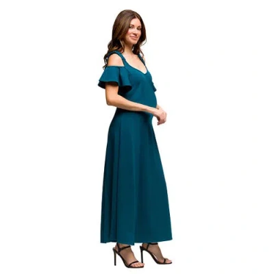 24seven Comfort Apparel Maternity Cold Sholder Ruffle Sleeve A-line Maxi Dress In Green