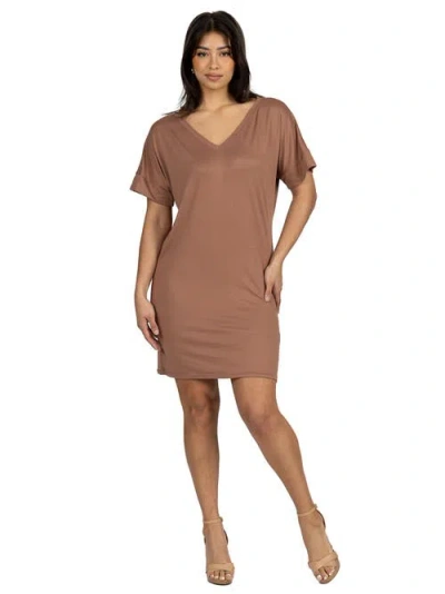 24seven Comfort Apparel Solid Color Loose Fit V Neck T Shirt Style Womens Knee Length Dress In Brown