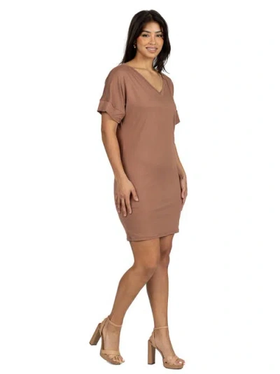 24seven Comfort Apparel Solid Color Loose Fit V Neck T Shirt Style Womens Knee Length Dress In Brown
