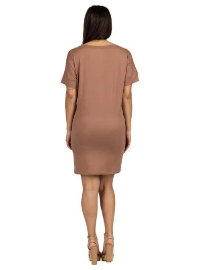 24seven Comfort Apparel Solid Color Loose Fit V Neck T Shirt Style Womens Knee Length Dress In Brown